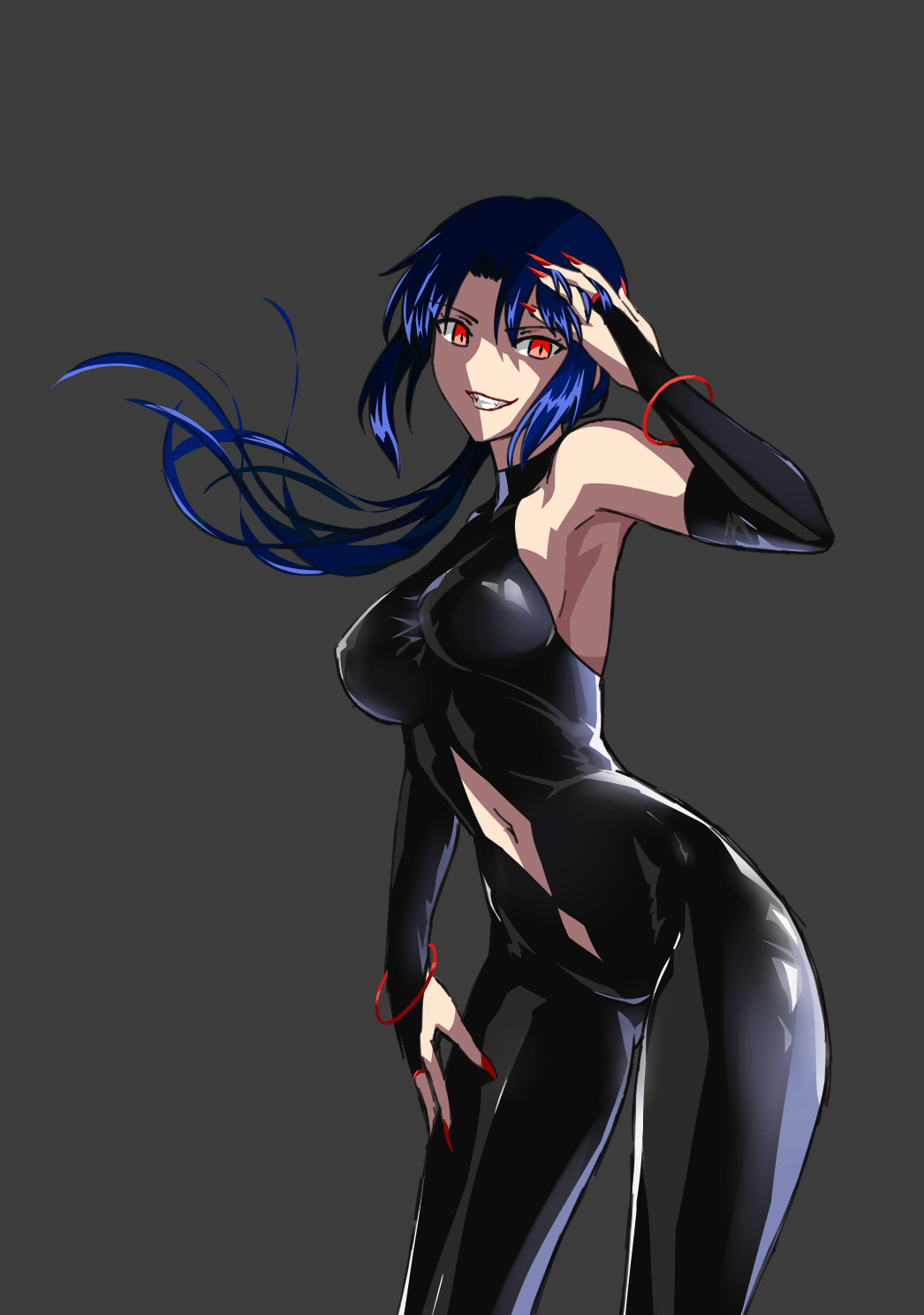 1girl axia-chan blue_hair breasts bridal_gauntlets ciel elesia grey_background hair_between_eyes hand_in_hair highres large_breasts nail_polish navel navel_cutout red_eyes red_nails sideboob skin_tight smile solo tsukihime