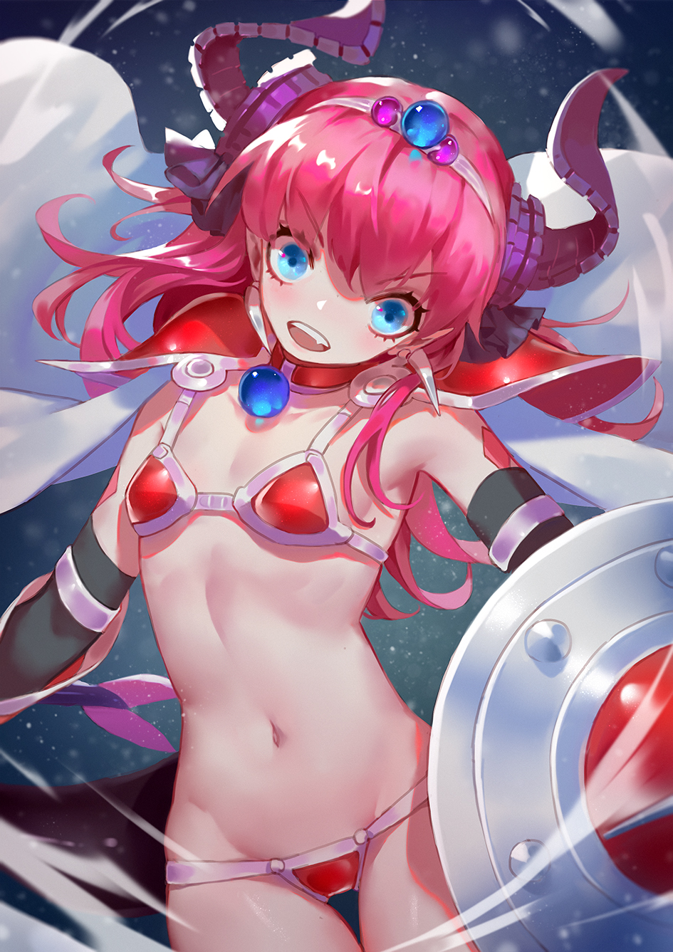 1girl armor bikini_armor blue_eyes blush breasts cape choker collarbone commentary_request curled_horns dragon_girl dragon_horns dragon_tail elizabeth_bathory_(brave)_(fate) elizabeth_bathory_(fate)_(all) fang fate/grand_order fate_(series) hair_ribbon head_tilt highres holding holding_shield horns long_hair navel open_mouth pauldrons pink_hair pointy_ears purple_ribbon red_armor red_choker ribbon shield small_breasts solo string_bikini tail thigh_gap tiara timmy_(tztime) two_side_up vambraces very_long_hair white_cape
