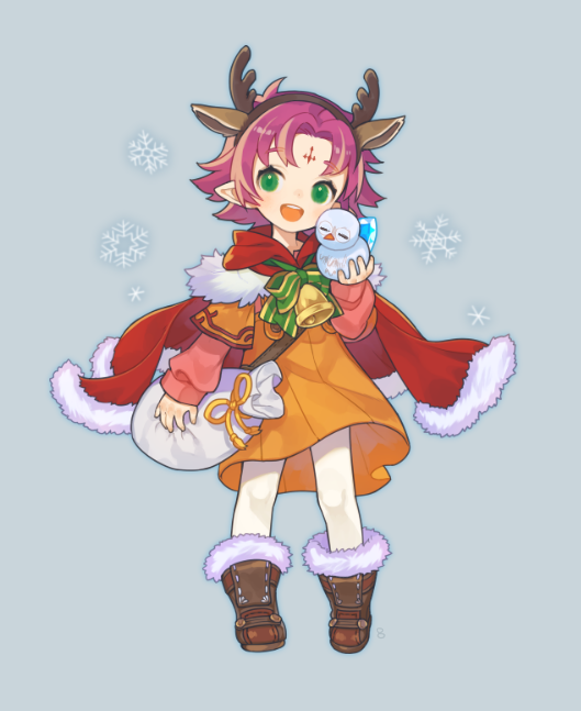 1girl alternate_costume animal_ears antlers bell boots cape cbc_p dress fa facial_mark fake_animal_ears fire_emblem fire_emblem:_fuuin_no_tsurugi forehead_mark full_body fur_trim green_eyes long_sleeves mamkute nintendo open_mouth pointy_ears purple_hair reindeer_antlers reindeer_ears sack short_hair snowflakes solo standing white_legwear