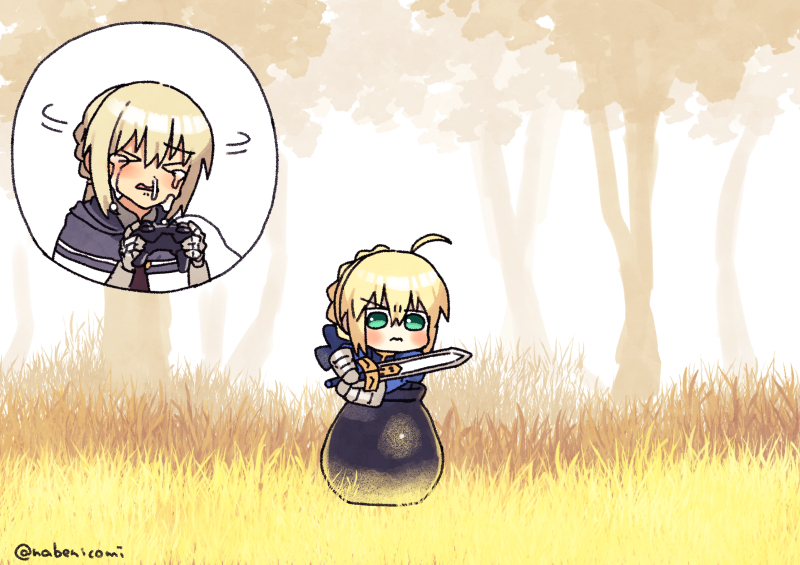 1boy 1girl ahoge artoria_pendragon_(all) bedivere blonde_hair cauldron controller crying excalibur fate/grand_order fate/stay_night fate_(series) forest game_controller gauntlets getting_over_it grass green_eyes holding holding_sword holding_weapon long_hair nabenko nature parody saber snot sword tears weapon