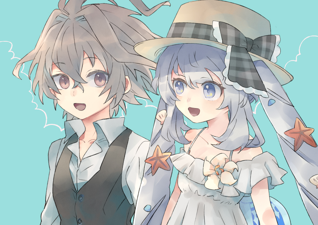 1boy 1girl :d bangs bare_shoulders black_bow black_vest blue_background blue_eyes blush bow brown_eyes brown_hair brown_hat collarbone collared_shirt dress eyebrows_visible_through_hair fate/apocrypha fate/grand_order fate_(series) hair_between_eyes hair_intakes hair_ornament hat hat_bow kidhukaji long_hair marie_antoinette_(fate/grand_order) marie_antoinette_(swimsuit_caster)_(fate) open_mouth plaid plaid_bow seashell_hair_ornament shirt sieg_(fate/apocrypha) silver_hair sleeveless sleeveless_dress smile starfish_hair_ornament twintails upper_body very_long_hair vest white_dress white_shirt