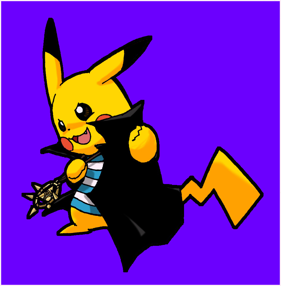 black_coat blue_background coat cosplay creatures_(company) fang game_freak gen_1_pokemon jewelry millennium_ring necklace nintendo no_humans open_mouth pikachu pokachuu pokemon pokemon_(creature) shirt simple_background smile striped striped_shirt yami_bakura yami_bakura_(cosplay) yu-gi-oh! yuu-gi-ou yuu-gi-ou_duel_monsters