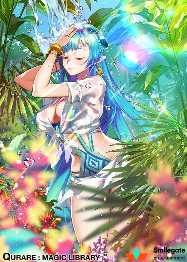 1girl blue_hair blue_sky bracelet braid breasts closed_eyes company_name copyright_name droplet earrings eyewear_on_head flower hand_up jewelry large_breasts lens_flate long_hair official_art plant pointy_ears qurare_magic_library see-through showering sky standing swimsuit swrimsuit very_long_hair water watermark wet xxinainaxx