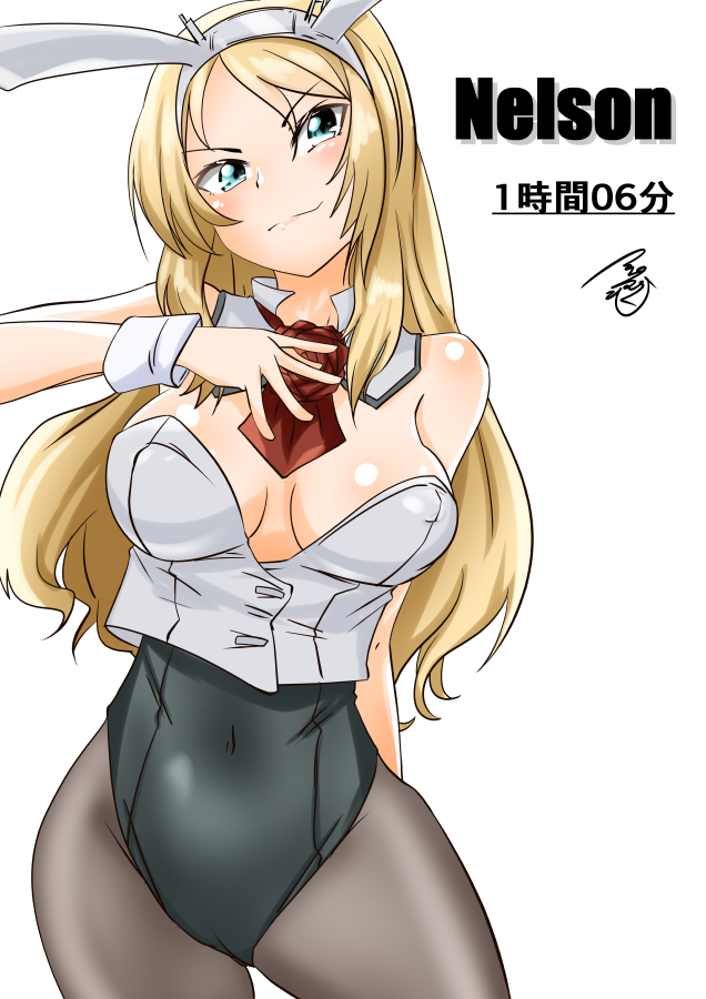 1girl animal_ears bangs blonde_hair blue_eyes breasts bunnysuit cleavage commentary_request covered_navel cowboy_shot detached_collar erect_nipples eyebrows_visible_through_hair flower hair_between_eyes headgear hips kantai_collection large_breasts long_hair looking_at_viewer nelson_(kantai_collection) pantyhose rabbit_ears red_flower red_neckwear red_rose rose signature smile thighs timestamp title tsukino_murakumo white_background wrist_cuffs