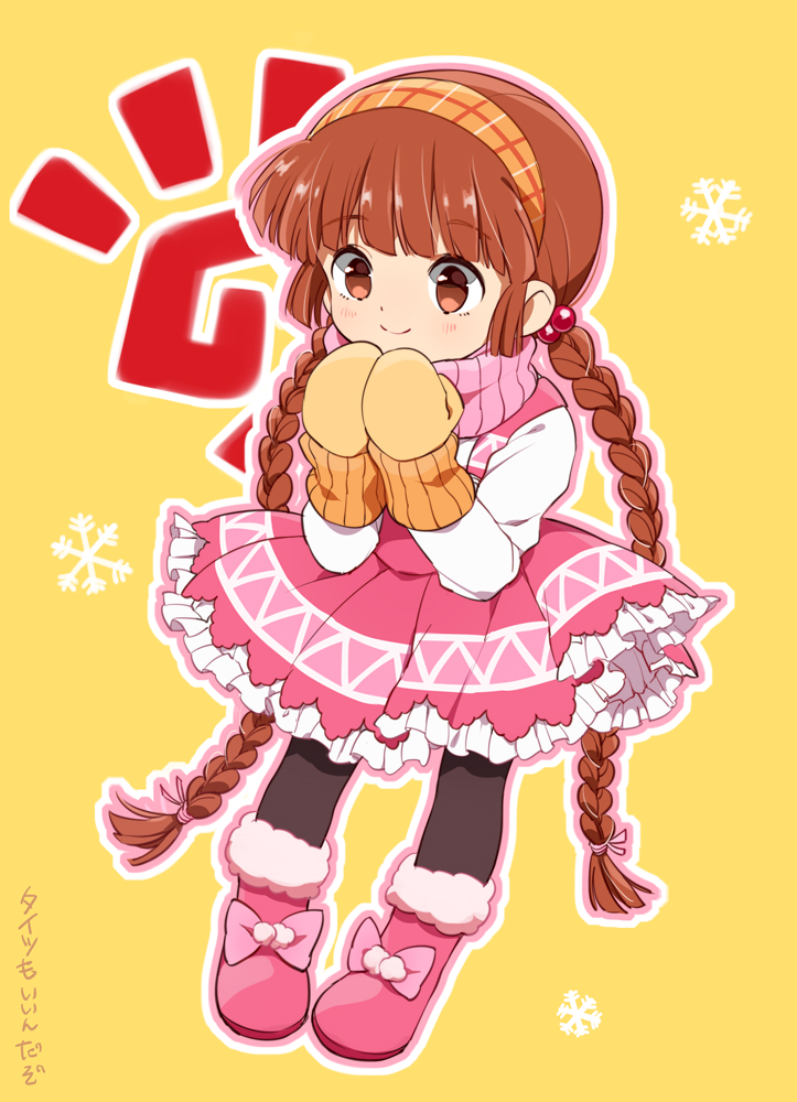 1girl bangs black_legwear blunt_bangs blush braid brown_eyes brown_hair dress eyebrows_visible_through_hair frilled_dress frills full_body hair_bobbles hair_ornament hairband kukuri long_hair long_sleeves looking_at_viewer mahoujin_guruguru mittens pantyhose pink_dress pink_footwear pink_scarf ponto1588 scarf smile snowflakes solo standing twin_braids twintails yellow_background