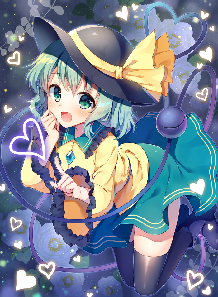1girl :d bangs black_hat black_legwear blue_footwear blush boots commentary_request eyebrows_visible_through_hair flower frilled_shirt_collar frilled_sleeves frills green_eyes green_hair green_skirt hair_between_eyes hat hat_ribbon heart heart_of_string index_finger_raised komeiji_koishi long_sleeves looking_at_viewer mauve open_mouth ribbon shirt skirt smile solo thigh-highs third_eye touhou white_flower wide_sleeves yellow_ribbon yellow_shirt