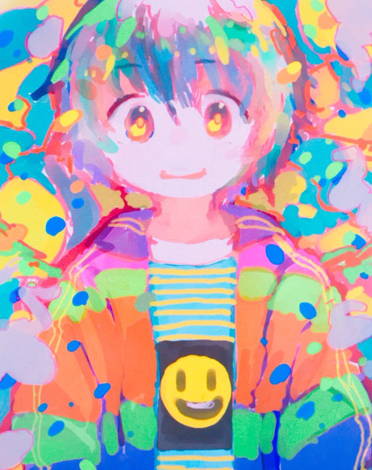 1boy artist_request colorful commentary_request jacket looking_at_viewer multicolored_hair original short_hair smile upper_body yellow_eyes
