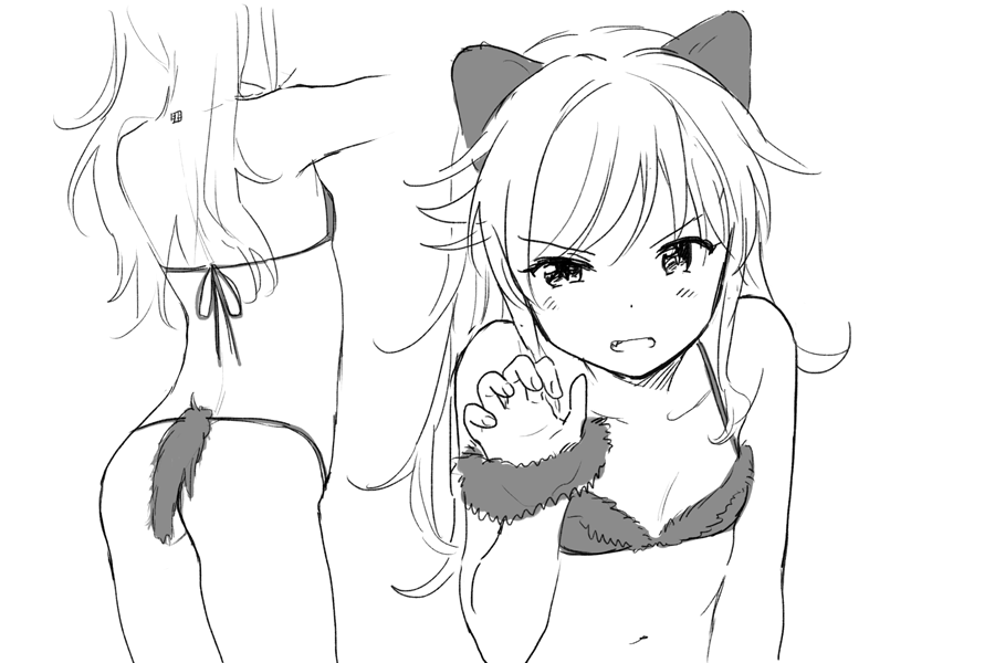 1girl animal_ears bangs bra breasts cat_ears cat_tail chigusa_asuha cleavage collarbone fang grey_bra greyscale long_hair looking_at_viewer monochrome open_mouth qualidea_code sekiya_asami simple_background sketch small_breasts solo string_panties swept_bangs tail underwear white_background wrist_cuffs