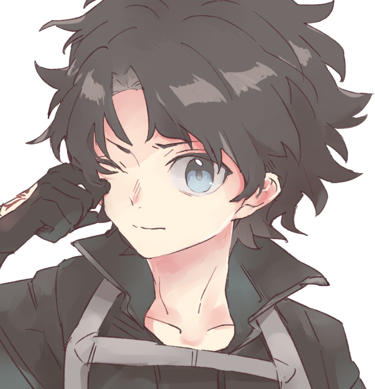 1boy bangs black_gloves black_hair black_jacket blue_eyes closed_mouth collarbone command_spell fate/grand_order fate_(series) fujimaru_ritsuka_(male) gloves hand_up jacket kidhukaji looking_at_viewer male_focus one_eye_closed polar_chaldea_uniform rubbing_eyes simple_background solo uniform white_background