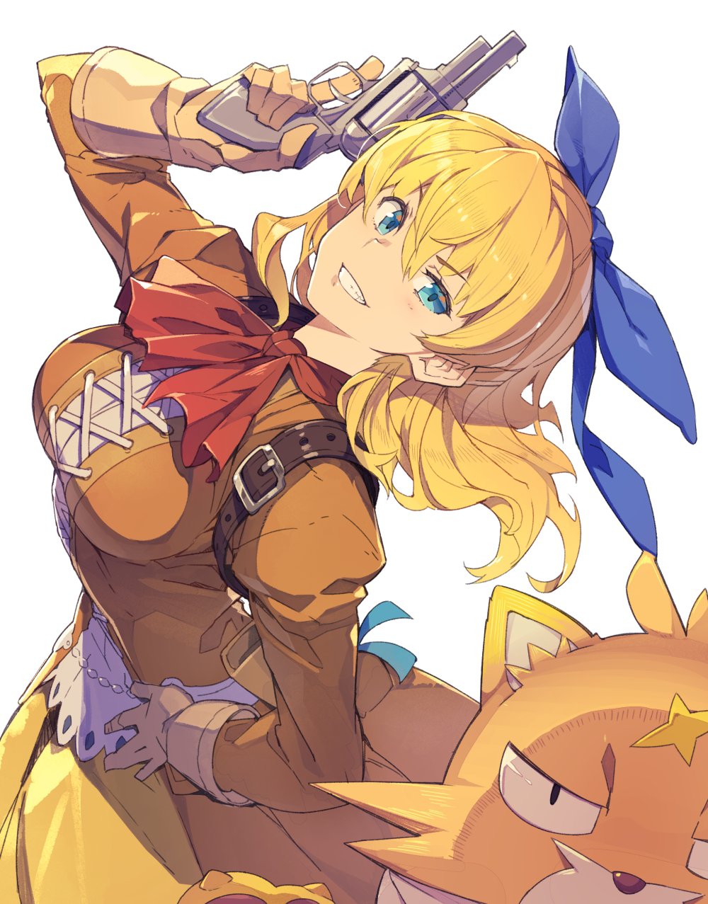 1girl blonde_hair blue_eyes blue_ribbon breasts clenched_teeth dress female gloves grin gun half-closed_eyes hand_on_hip handgun head_back highres long_hair long_sleeves maya_schrodinger puffy_long_sleeves puffy_sleeves red_neckwear revolver ribbon scar simple_background smile tarariko teeth weapon white_background wild_arms wild_arms_3