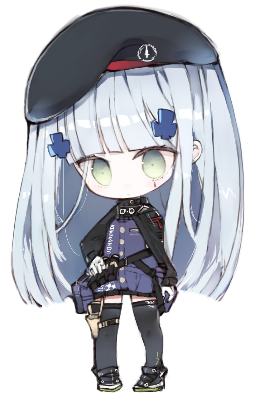 bangs beret black_footwear black_hat black_legwear black_skirt blue_hair blush chibi closed_mouth commentary_request facial_mark full_body girls_frontline gloves green_eyes hair_ornament hat highres hk416_(girls_frontline) holster jacket kotatu_(akaki01aoki00) long_hair long_sleeves pleated_skirt purple_jacket shoes simple_background skirt sleeves_past_wrists standing thigh-highs thigh_holster very_long_hair white_background white_gloves