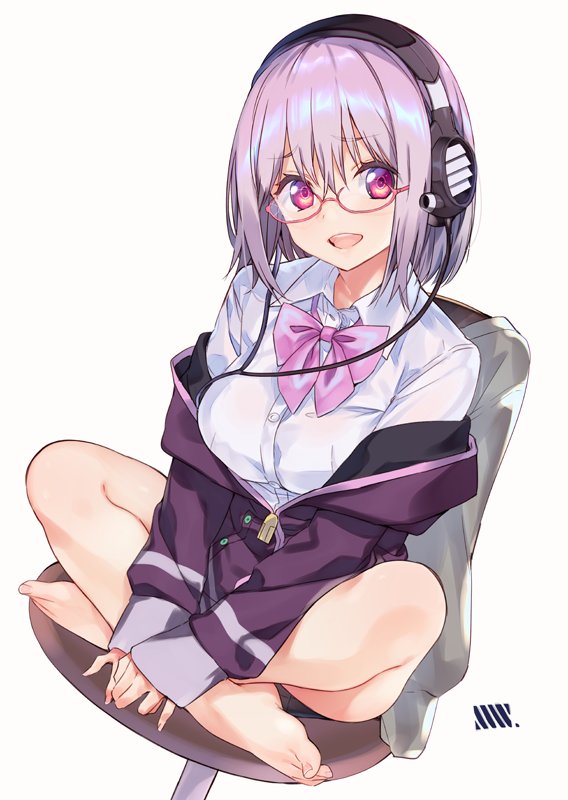 1girl bangs bow breasts chair collared_shirt glasses headphones indian_style jacket large_breasts lavender_hair long_sleeves looking_at_viewer off_shoulder open_mouth pink_bow purple_jacket red_eyes school_uniform shinjou_akane shirt short_hair sitting ssss.gridman suisen white_shirt