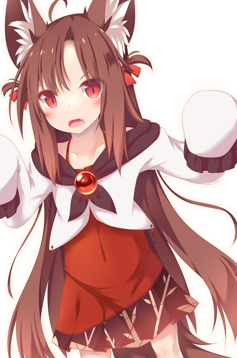 1girl :d ahoge animal_ears bangs blush bow brooch brown_hair collarbone commentary_request covered_navel daidai_ookami dress dutch_angle eyebrows_visible_through_hair fang frilled_sleeves frills hair_between_eyes hair_bow highres imaizumi_kagerou jacket jewelry long_hair long_sleeves looking_at_viewer open_mouth red_bow red_dress red_eyes simple_background sleeveless sleeveless_dress sleeves_past_fingers sleeves_past_wrists smile solo tail touhou two_side_up v-shaped_eyebrows very_long_hair white_background white_jacket wolf_ears wolf_girl wolf_tail