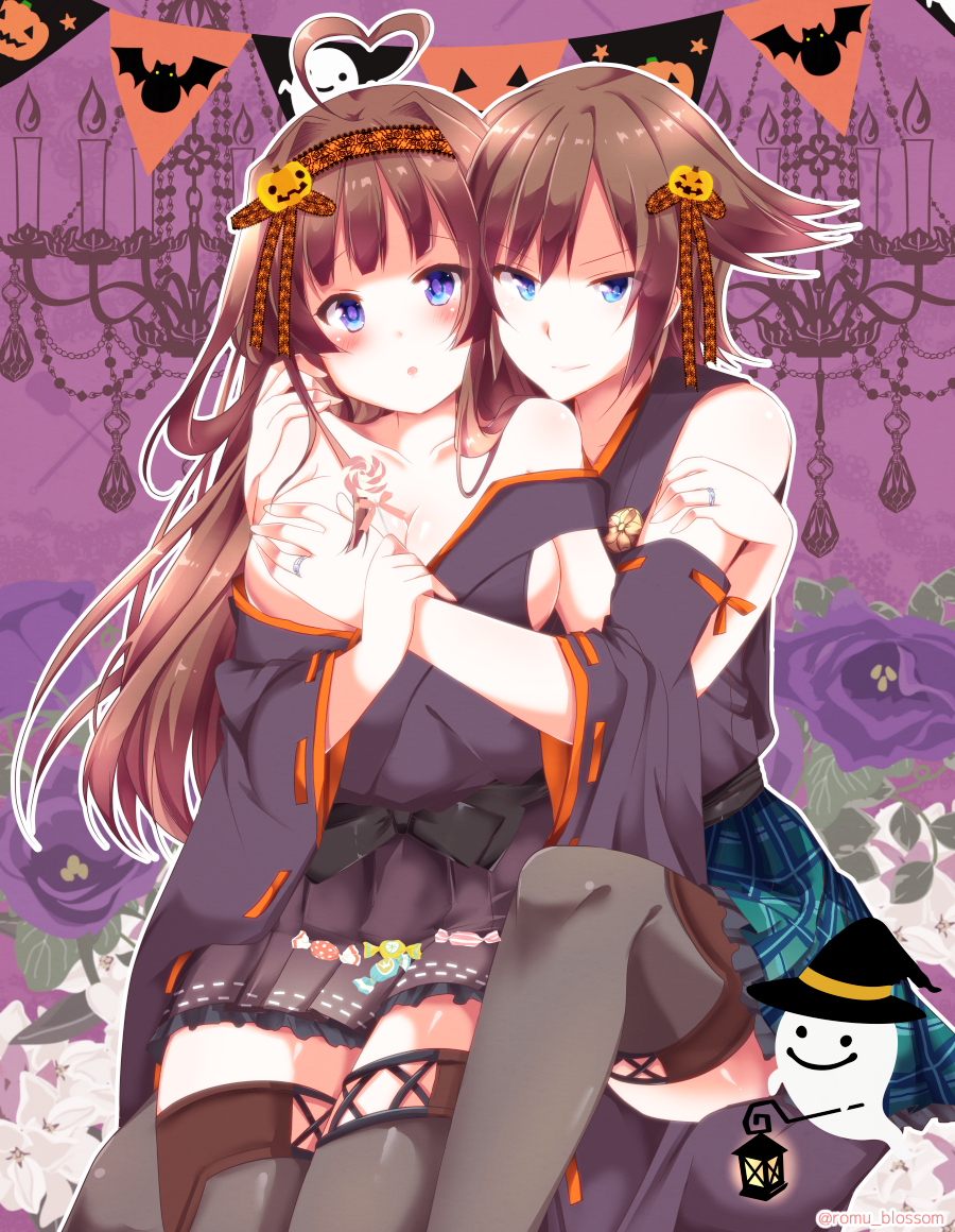 2girls ahoge alternate_headwear bangs bare_shoulders blue_eyes blue_skirt blunt_bangs blush breasts brown_hair chandelier cleavage closed_mouth collarbone cowboy_shot detached_sleeves eyebrows_visible_through_hair flipped_hair flower food ghost grey_skirt hair_ribbon hairband halloween hand_on_breast heart_ahoge hiei_(kantai_collection) holding jewelry kantai_collection kongou_(kantai_collection) large_breasts locked_arms long_hair long_sleeves looking_at_viewer multiple_girls nanoha-h nontraditional_miko outline parted_lips plaid plaid_skirt pleated_skirt ribbon ribbon-trimmed_sleeves ribbon_trim ring sash shiny shiny_hair short_hair sidelocks skirt smile sweets swept_bangs thigh-highs thighs twitter_username white_outline yuri