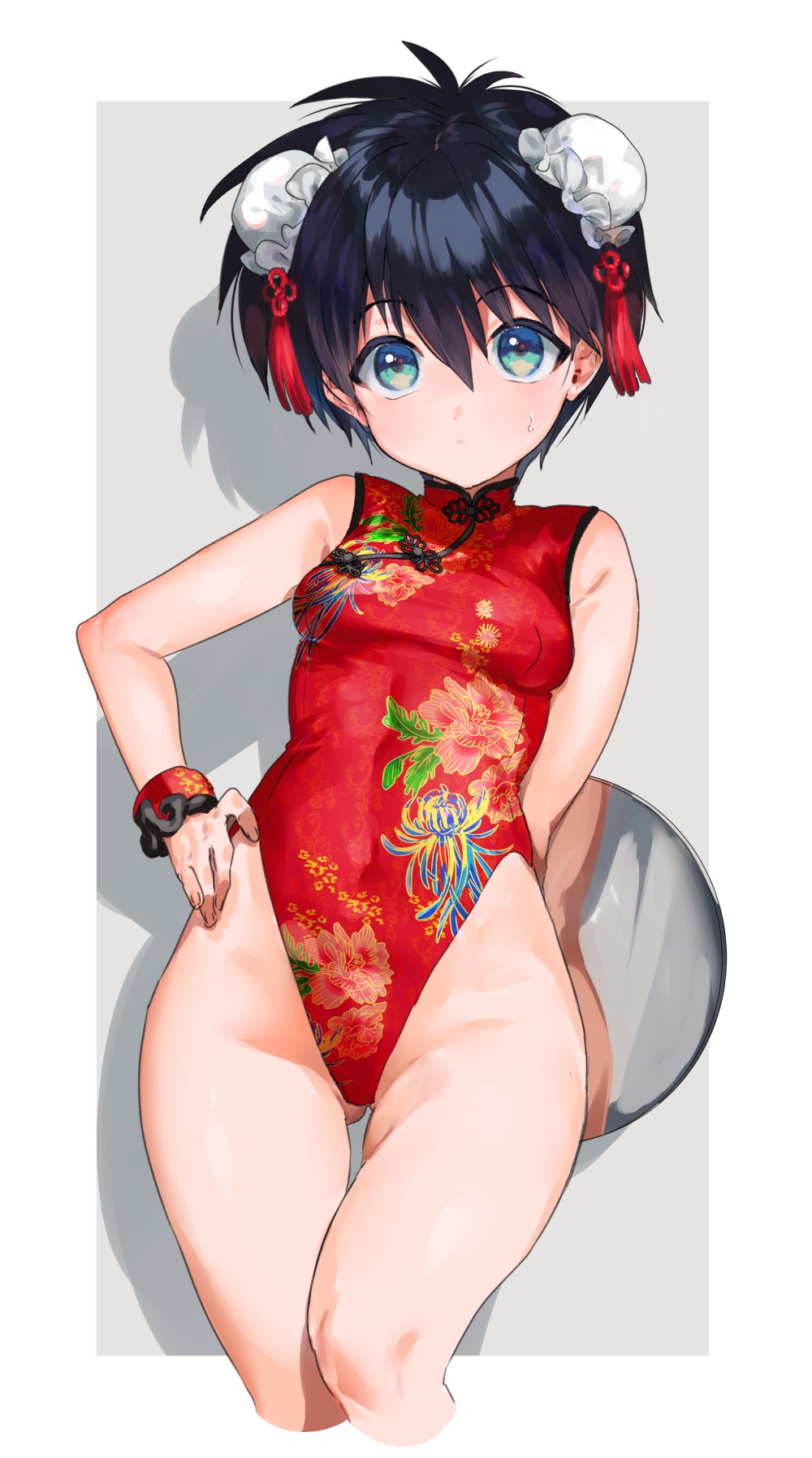 1girl adapted_costume bare_shoulders black_hair blue_eyes breasts chinese_clothes covered_navel double_bun eyebrows_visible_through_hair floral_print genderswap genderswap_(mtf) gluteal_fold hair_between_eyes hand_on_hip highleg highleg_leotard highres houshin_engi leotard looking_at_viewer mimoza_(96mimo414) red_leotard short_hair small_breasts solo sweatdrop taikoubou thighs tray