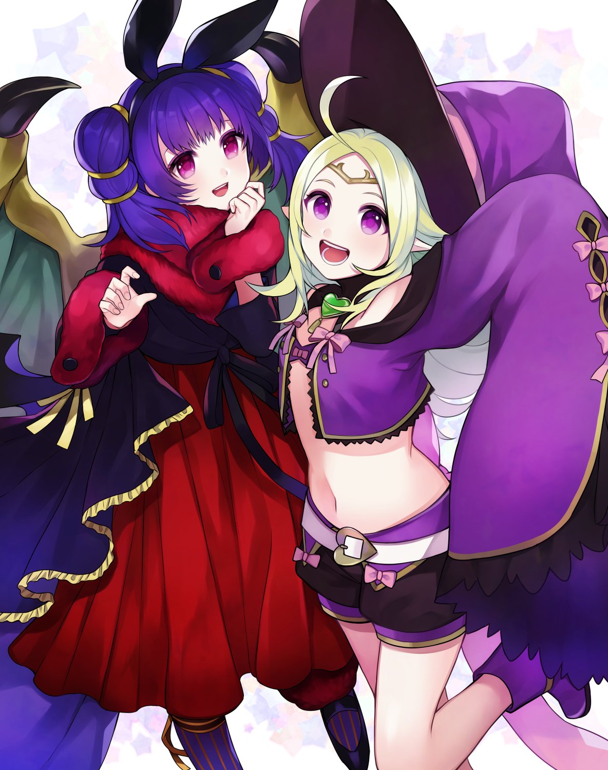 2girls ahoge aym_(ash3ash3ash) blush cape circlet dragon_girl dragon_wings dress fire_emblem fire_emblem:_kakusei fire_emblem:_seima_no_kouseki fire_emblem_heroes gloves green_eyes green_hair hat highres long_hair mamkute multi-tied_hair multiple_girls myrrh nintendo nowi_(fire_emblem) open_mouth pink_legwear pointy_ears ponytail purple_hair red_eyes short_hair smile tiara twintails violet_eyes wings witch_hat