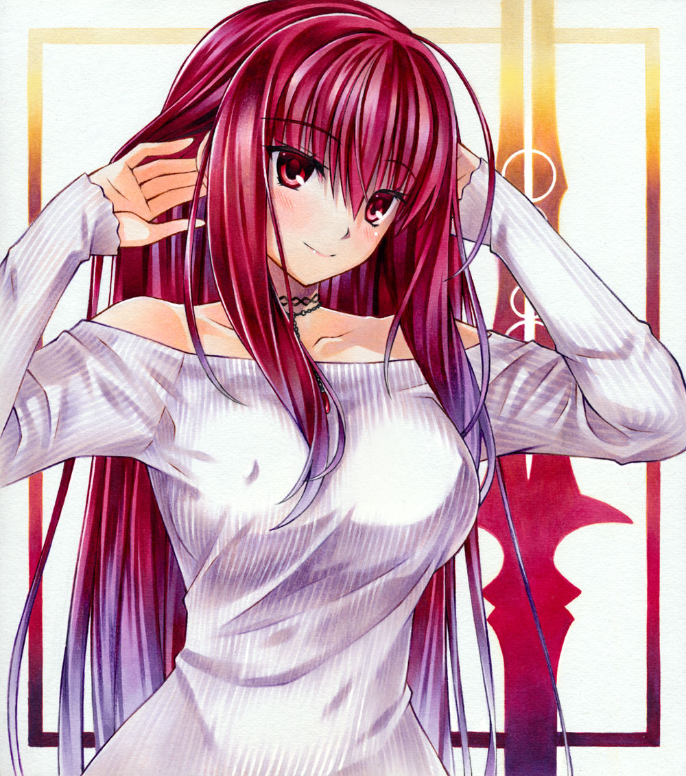 arms_up bare_shoulders breasts choker collarbone erect_nipples eyebrows_visible_through_hair fate/grand_order fate_(series) jewelry large_breasts long_hair long_sleeves looking_at_viewer marker_(medium) millipen_(medium) necklace purple_hair red_eyes scathach_(fate)_(all) scathach_(fate/grand_order) traditional_media yuto_takumi