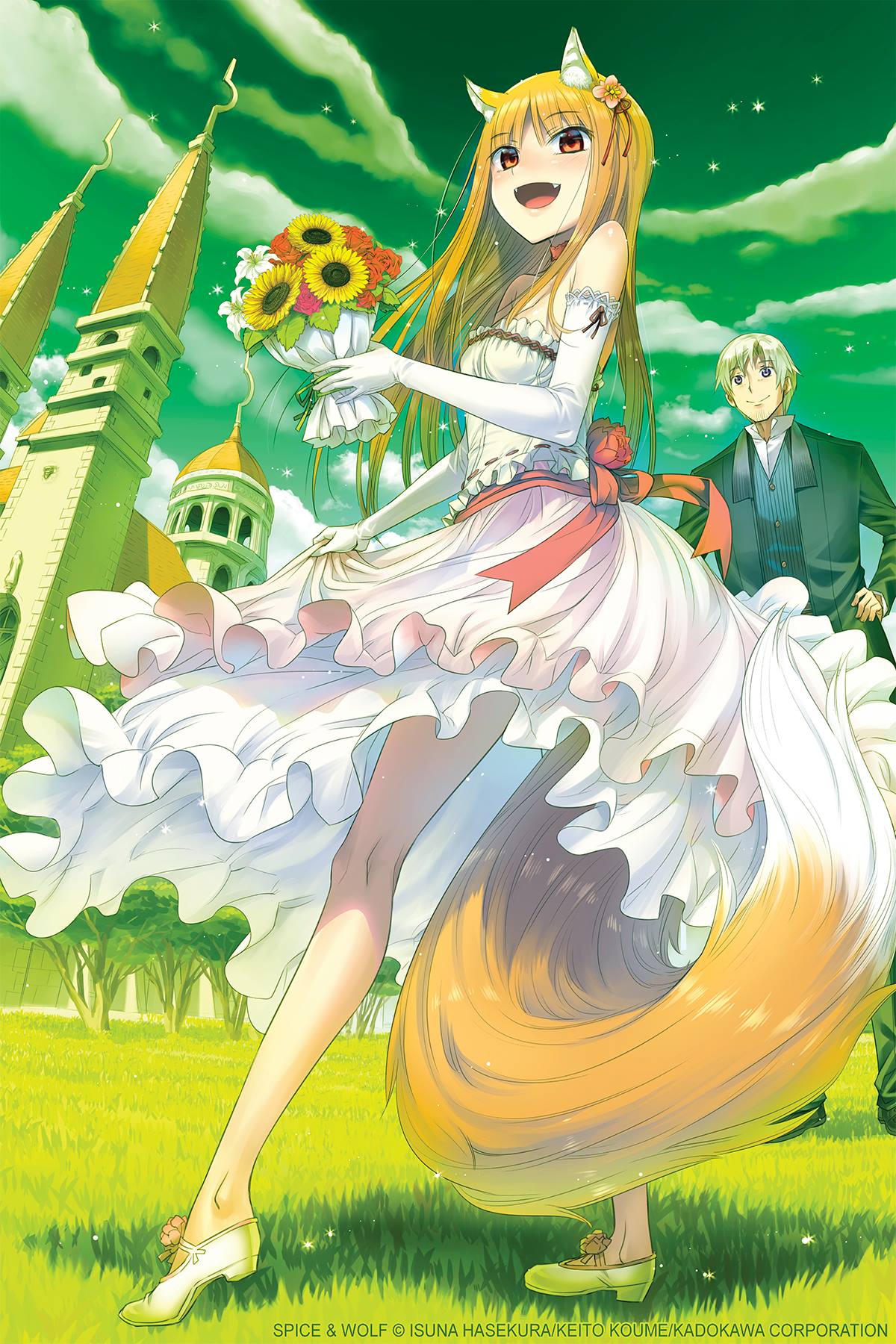 1boy 1girl :d animal_ear_fluff animal_ears arched_soles artist_name bangs bare_legs bare_shoulders blonde_hair bouquet breasts brown_eyes castle clouds cloudy_sky company_name copyright_name craft_lawrence dress elbow_gloves fangs fisheye flower frilled_dress frills full_body gloves grass green_sky green_theme high_heels highres historical holding holding_bouquet holo kadokawa kneepits koume_keito large_tail layered_dress legs_apart long_hair long_legs looking_at_viewer official_art on_grass open_mouth orange_eyes orange_hair outdoors outstretched_leg perspective red_flower red_ribbon ribbon ribbon-trimmed_dress sash shadow shiny shiny_hair skinny sky small_breasts smile spice_and_wolf standing straight_hair sunflower tail too_many too_many_frills watermark wedding_dress white_dress white_gloves wolf_ears wolf_girl wolf_tail yellow_flower