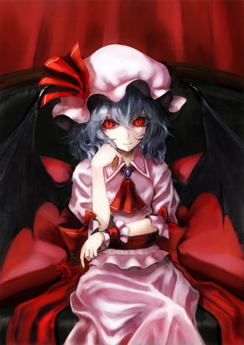 1girl bangs bat_wings blue_hair bow brooch chin_rest commentary_request cowboy_shot cravat curly_hair dress flower frills full_body glowing glowing_eyes hair_between_eyes hand_on_own_chin hat hat_ribbon highres holding holding_flower jewelry looking_at_viewer mob_cap pink_dress red_background red_bow red_eyes red_neckwear red_ribbon remilia_scarlet ribbon rose sash sekiryuu_(sutoraizu) short_hair short_sleeves sitting slit_pupils smirk solo touhou wings wrist_cuffs