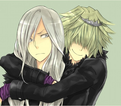 artist_request belphegor_(reborn) blonde_hair hair_over_eyes katekyo_hitman_reborn long_hair male_focus medium_hair multiple_boys silver_hair smile source_request striped superbi_squalo tiara