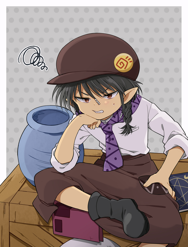 1boy black_footwear black_hair book brown_eyes brown_hat brown_pants chin_rest crate frustrated grey_background hair_between_eyes hat looking_at_viewer mahoujin_guruguru necktie pants pointy_ears ponto1588 pot purple_neckwear raid_(mahoujin_guruguru) sitting solo