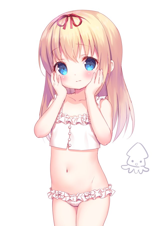 1girl bare_arms bare_shoulders blonde_hair blue_eyes blush chitosezaka_suzu closed_mouth collarbone commentary_request cowboy_shot crop_top hair_ribbon hairband hands_on_own_cheeks hands_on_own_face hands_up head_tilt long_hair navel original panties red_hairband red_ribbon ribbon simple_background solo underwear underwear_only wavy_mouth white_background white_panties