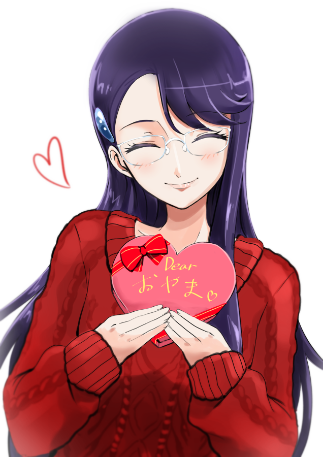 1girl blush box closed_eyes floating_hair glasses head_tilt heart heart-shaped_box heartcatch_precure! long_hair precure purple_hair red_sweater rimless_eyewear simple_background smile solo sweater tsukikage_oyama tsukikage_yuri upper_body valentine very_long_hair white_background