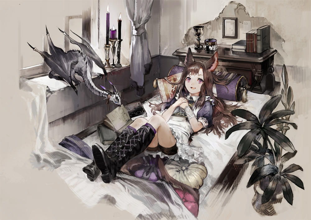 1girl :d animal_ears bed bedroom black_footwear book boots brown_hair candle chibi_(shimon) commentary cross-laced_footwear curtains cushion dragon english_commentary fantasy frills goblet indoors knee_boots lace-up_boots long_hair looking_at_viewer lying on_back open_mouth original own_hands_together picture_(object) plant potted_plant puffy_short_sleeves puffy_sleeves shoe_soles short_sleeves shorts shorts_under_skirt smile solo table tail violet_eyes window wrist_cuffs