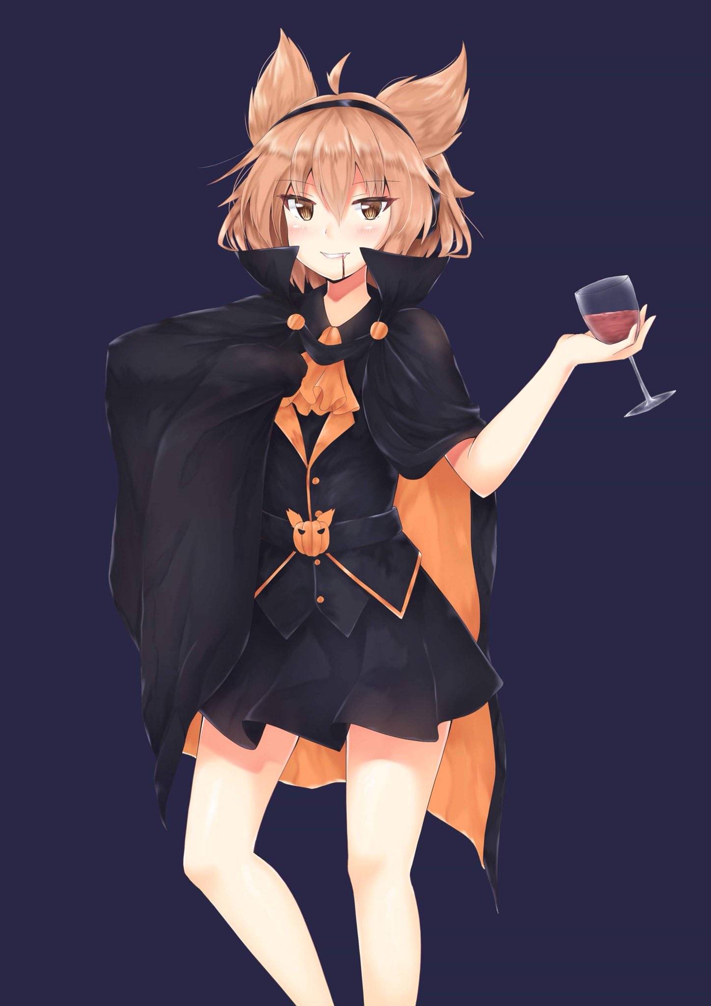 1girl ahoge akiteru98 bangs belt black_cape black_shirt black_skirt blue_background blush brown_eyes brown_hair cape commentary_request cravat cup drinking_glass earmuffs eyebrows_visible_through_hair fang feet_out_of_frame grin hair_between_eyes hand_up high_collar highres holding holding_cup looking_at_viewer miniskirt multicolored multicolored_cape multicolored_clothes orange_cape orange_neckwear pleated_skirt pointy_hair shirt short_hair simple_background skirt smile solo standing thighs touhou toyosatomimi_no_miko tsurime wine_glass