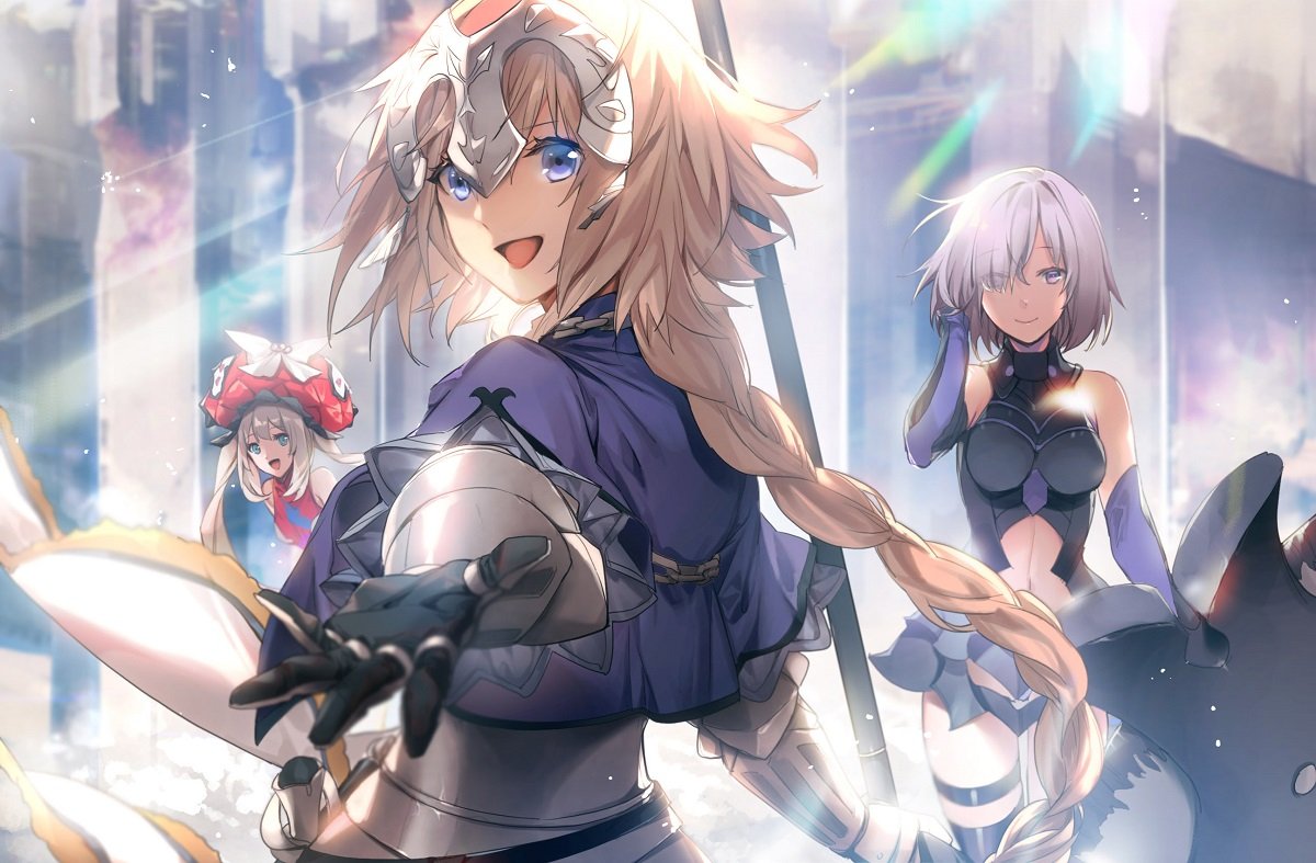 3girls armor armored_dress black_armor blonde_hair blue_eyes braid chains closed_mouth commentary_request eyebrows_visible_through_hair fate/grand_order fate_(series) flag gloves hair_between_eyes hair_over_one_eye hat headpiece holding holding_flag holding_shield holding_weapon jeanne_d'arc_(fate) jeanne_d'arc_(fate)_(all) long_hair looking_at_viewer marie_antoinette_(fate/grand_order) mash_kyrielight multiple_girls no-kan open_mouth shield short_hair single_braid smile sword twintails violet_eyes weapon white_hair