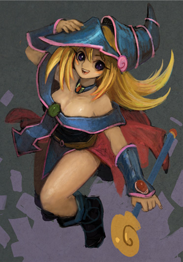 1girl bare_shoulders blonde_hair blue_footwear blush blush_stickers boots breasts choker cleavage commentary_request dark_magician_girl duel_monster hat long_hair looking_at_viewer open_mouth smile solo staff weapon wizard_hat yu-gi-oh! yuu-gi-ou yuu-gi-ou_duel_monsters yuza