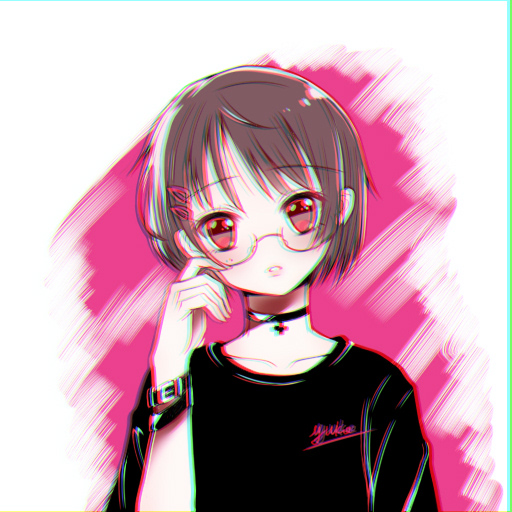 1girl arm_up bangs black_choker black_shirt bracelet brown_hair choker chromatic_aberration clothes_writing commentary_request cross finger_to_face glasses head_tilt jewelry looking_at_viewer original pendant red_eyes shirt short_hair solo yizhi_jiandan