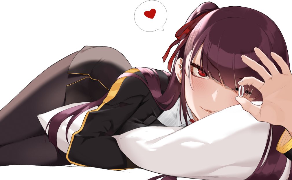 1girl bangs black_legwear black_skirt blazer blush breasts eyebrows_visible_through_hair girls_frontline gloves hair_ribbon half_updo heart high-waist_skirt holding holding_ring hoshi_usagi jacket jewelry large_breasts long_hair looking_at_viewer lying necktie on_side one_eye_closed one_side_up pantyhose parted_lips pelvic_curtain pillow purple_hair red_eyes red_neckwear red_ribbon ribbon ring shirt sidelocks skirt solo spoken_heart very_long_hair wa2000_(girls_frontline) wedding_band