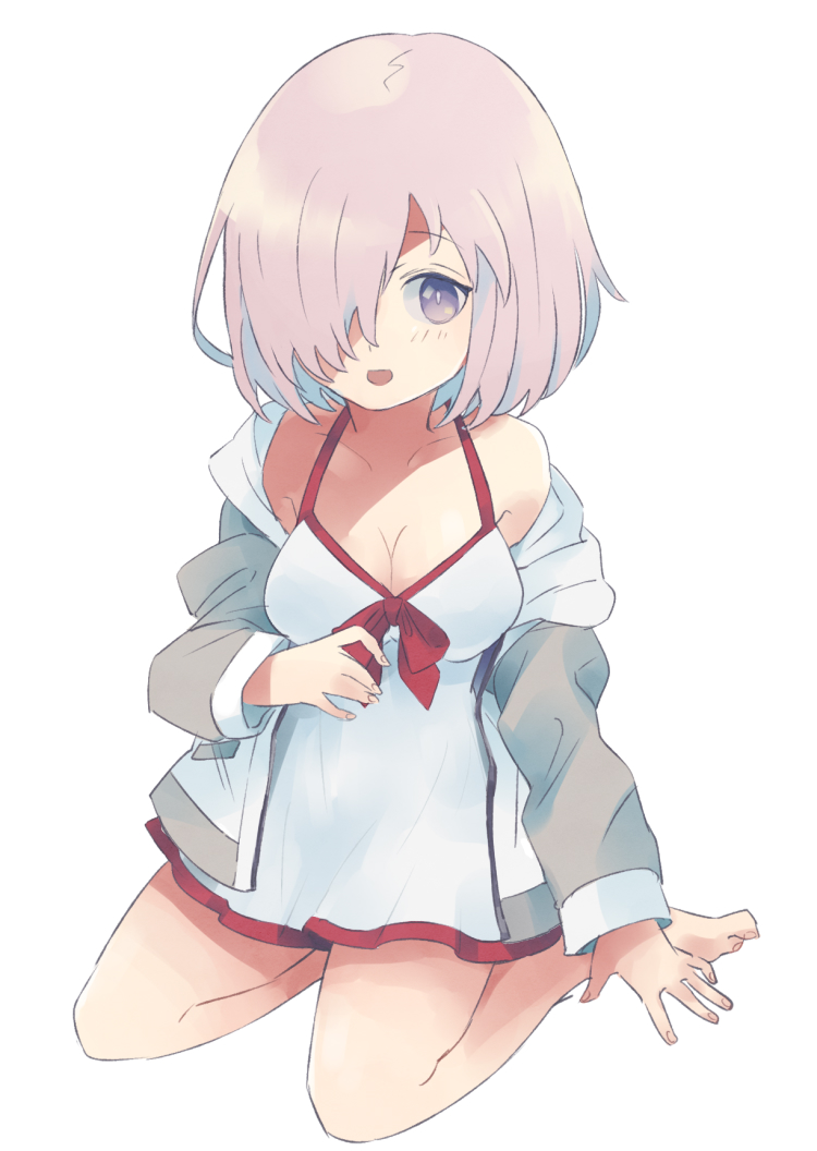 1girl :d bangs bare_shoulders barefoot blush bow breasts cleavage collarbone dress dress_swimsuit eyebrows_visible_through_hair fate/grand_order fate_(series) fingernails full_body hair_over_one_eye hood hood_down hooded_jacket jacket kidhukaji mash_kyrielight medium_breasts off_shoulder open_mouth pink_hair red_bow simple_background sitting smile solo swimsuit_of_perpetual_summer toenails violet_eyes white_background white_dress white_jacket