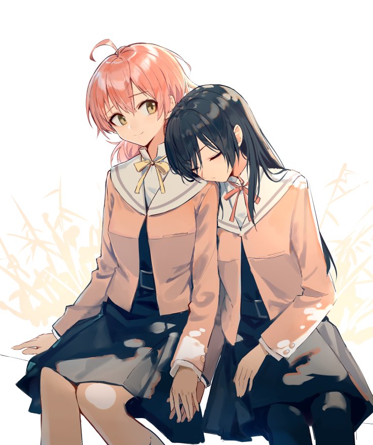 2girls ahoge black_hair black_legwear brown_eyes closed_eyes hand_holding head_on_another's_shoulder huanxiang_heitu koito_yuu long_hair looking_at_another multiple_girls nanami_touko orange_hair pantyhose pleated_skirt school_uniform serafuku sitting skirt sleeping smile tree_shade yagate_kimi_ni_naru yuri