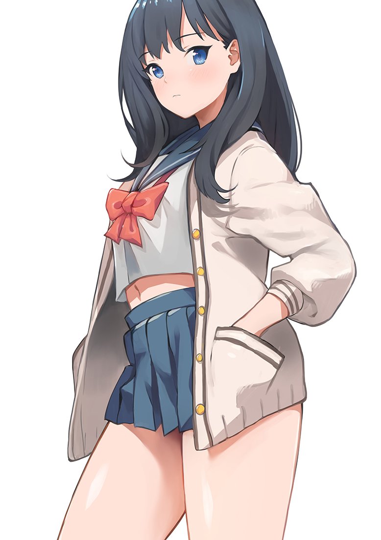 1girl bangs black_hair blue_eyes blush bow breasts buttons cardigan closed_mouth doushimasho eyebrows_visible_through_hair grey_skirt hand_in_pocket long_hair long_sleeves looking_at_viewer midriff miniskirt navel open_cardigan open_clothes pleated_skirt red_bow sailor_collar school_uniform serafuku shirt simple_background skirt small_breasts solo ssss.gridman sweater takarada_rikka thighs waist white_background white_shirt white_sweater