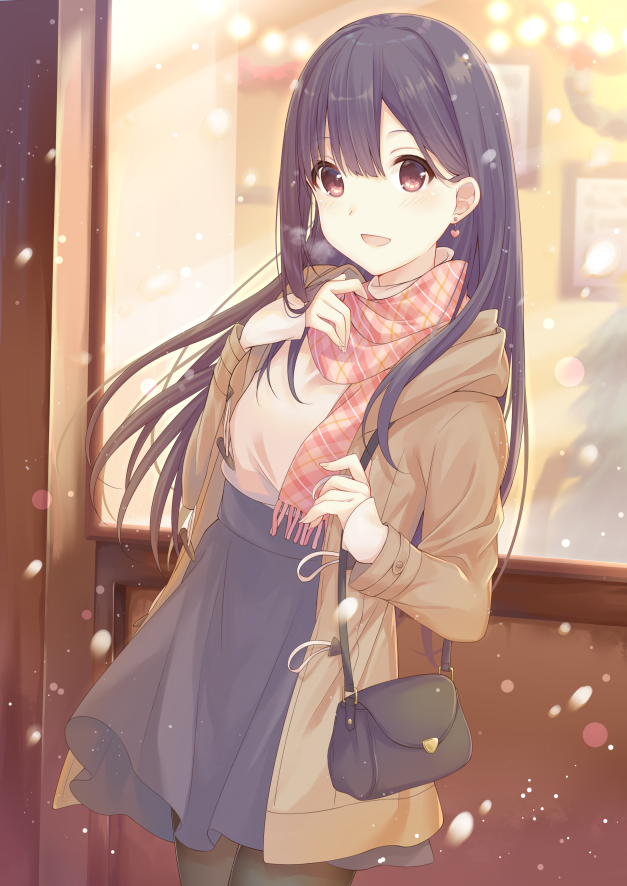 1girl bag black_hair black_legwear black_skirt brown_coat coat earrings hand_up handbag heart heart_earrings jewelry long_hair nishikawa_(pixiv13169679) original outdoors pantyhose plaid plaid_scarf scarf skirt snowing standing window