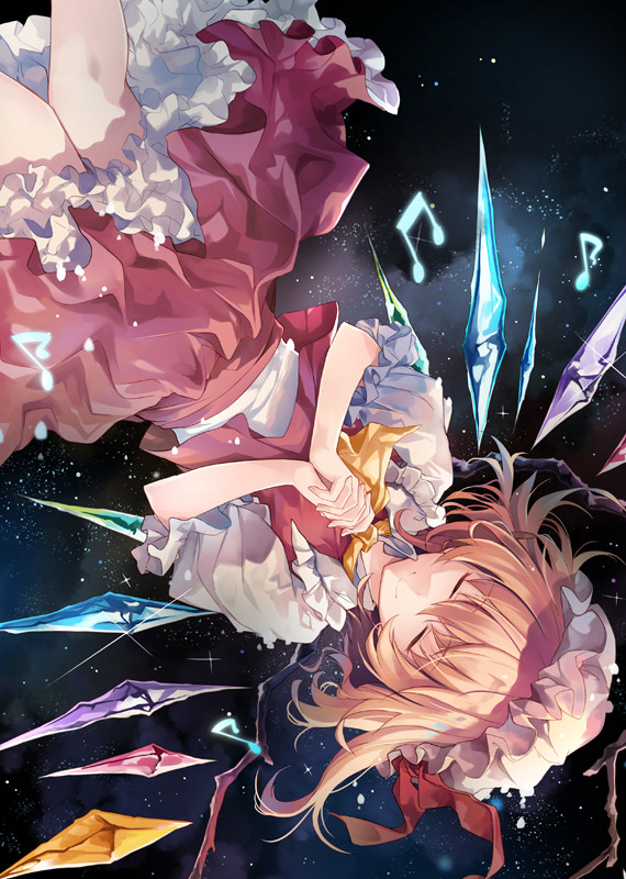 1girl album_cover ascot black_background blonde_hair closed_eyes closed_mouth cover crystal eyebrows_visible_through_hair facing_viewer feet_out_of_frame flandre_scarlet frilled_shirt_collar frills hands_clasped hat hat_ribbon hirai_yuzuki interlocked_fingers mob_cap musical_note own_hands_together petticoat puffy_short_sleeves puffy_sleeves red_ribbon red_skirt red_vest ribbon shirt short_hair short_sleeves skirt skirt_set smile solo sparkle touhou upside-down vest white_shirt wings yellow_neckwear
