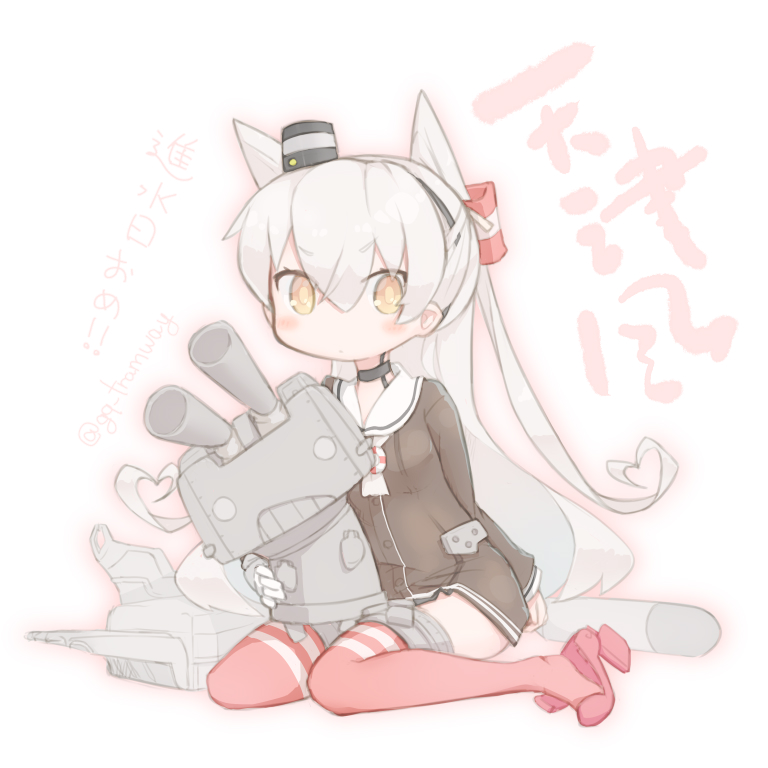 1girl amatsukaze_(kantai_collection) blush brown_eyes cannon commentary full_body furrowed_eyebrows grey_hair gunhato_denki hair_tubes hat high_heels kantai_collection long_hair long_sleeves looking_at_viewer o_o rensouhou-kun sailor_collar sitting thigh-highs translation_request turret twitter_username two_side_up very_long_hair wariza