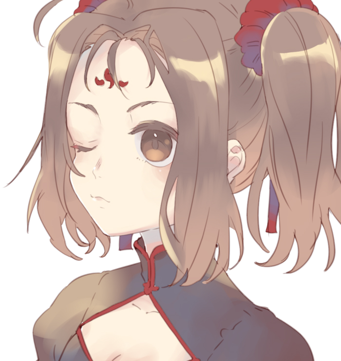 1girl bangs black_dress blush brown_eyes brown_hair china_dress chinese_clothes closed_mouth dress facial_mark fate/grand_order fate_(series) forehead forehead_mark hair_ornament hair_scrunchie hair_strand kidhukaji looking_away nezha_(fate/grand_order) one_eye_closed parted_bangs red_scrunchie scrunchie sidelocks simple_background solo twintails upper_body white_background