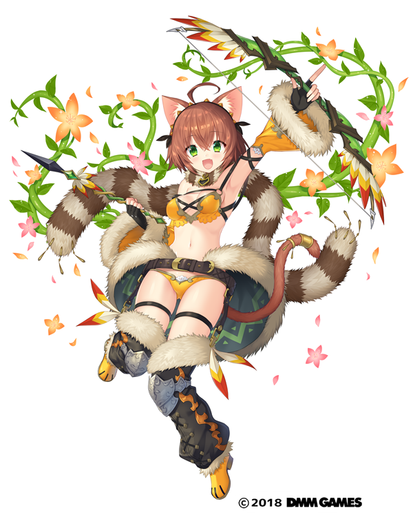 1girl :d ahoge animal_ears arrow belt black_gloves bow_(weapon) bra brown_eyes cat_ears cat_tail clenched_hand company_name detached_sleeves fingerless_gloves full_body fur_trim gemini_seed gloves green_eyes knee_pads looking_at_viewer navel official_art open_mouth plant sakura_neko scarf short_hair smile solo tail thigh-highs thigh_strap underwear vines weapon white_background wide_sleeves yellow_bra yellow_footwear