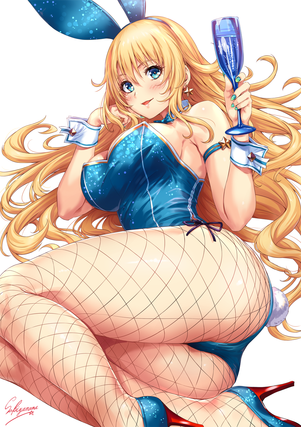 1girl adapted_costume animal_ears artist_name ass atago_(kantai_collection) back-seamed_legwear blonde_hair blue_eyes blue_footwear blue_leotard blush breasts bunny_tail bunnysuit cup detached_collar drinking_glass earrings fake_animal_ears fake_tail fishnet_pantyhose fishnets hand_on_own_cheek high_heels highres jewelry kantai_collection large_breasts leotard long_hair looking_at_viewer lying nail_art on_side pantyhose parted_lips sakiyamama seamed_legwear sideboob signature simple_background smile solo sparkle star star_earrings tail thick_thighs thighs toast_(gesture) white_background wine_glass wrist_cuffs