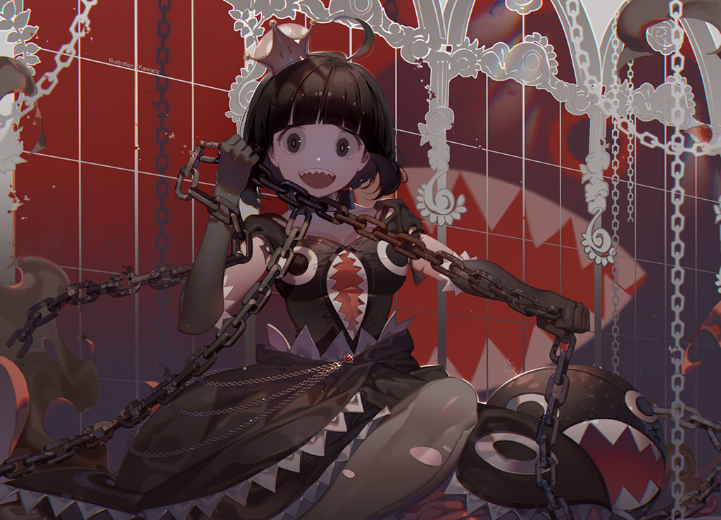 1girl ahoge black_eyes black_hair chain_chomp chains collar commentary_request dress elbow_gloves gloves humanization kawacy super_mario_bros. new_super_mario_bros._u_deluxe nintendo open_mouth sharp_teeth short_hair solo super_crown teeth