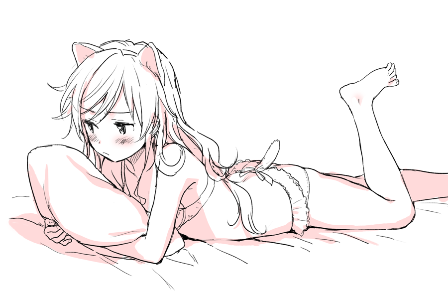 animal_ears bangs barefoot bed_sheet blush bra breasts bush cat_ears cattail chigusa_asuha collarbone fake_animal_ears greyscale hairband long_hair looking_away lying monochrome on_stomach panties pillow pillow_hug plant qualidea_code sekiya_asami sideboob simple_background sketch small_breasts swept_bangs underwear underwear_only white_background