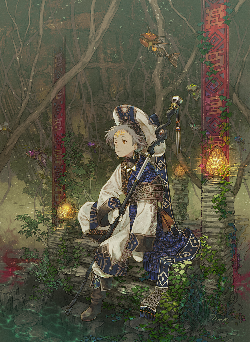 1boy boots commentary_request earrings facial_mark fantasy flying_fish forehead_mark full_body grey_hair hat highres jewelry lantern long_sleeves mittens moryo original plant short_hair sitting solo staff tree wide_sleeves yellow_eyes