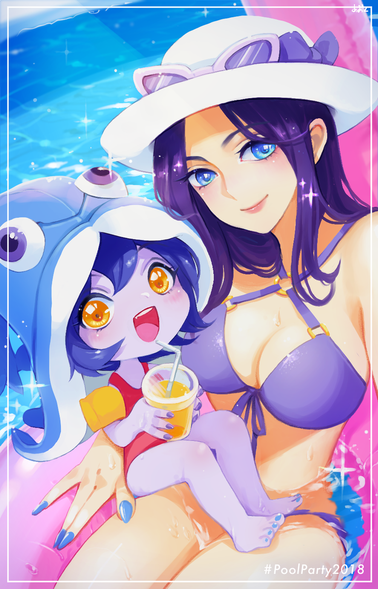 2girls aoko_(torisoboro) breasts caitlyn_(league_of_legends) cleavage highres league_of_legends looking_at_viewer lulu_(league_of_legends) multiple_girls pool_party_caitlyn pool_party_lulu smile swimsuit yordle