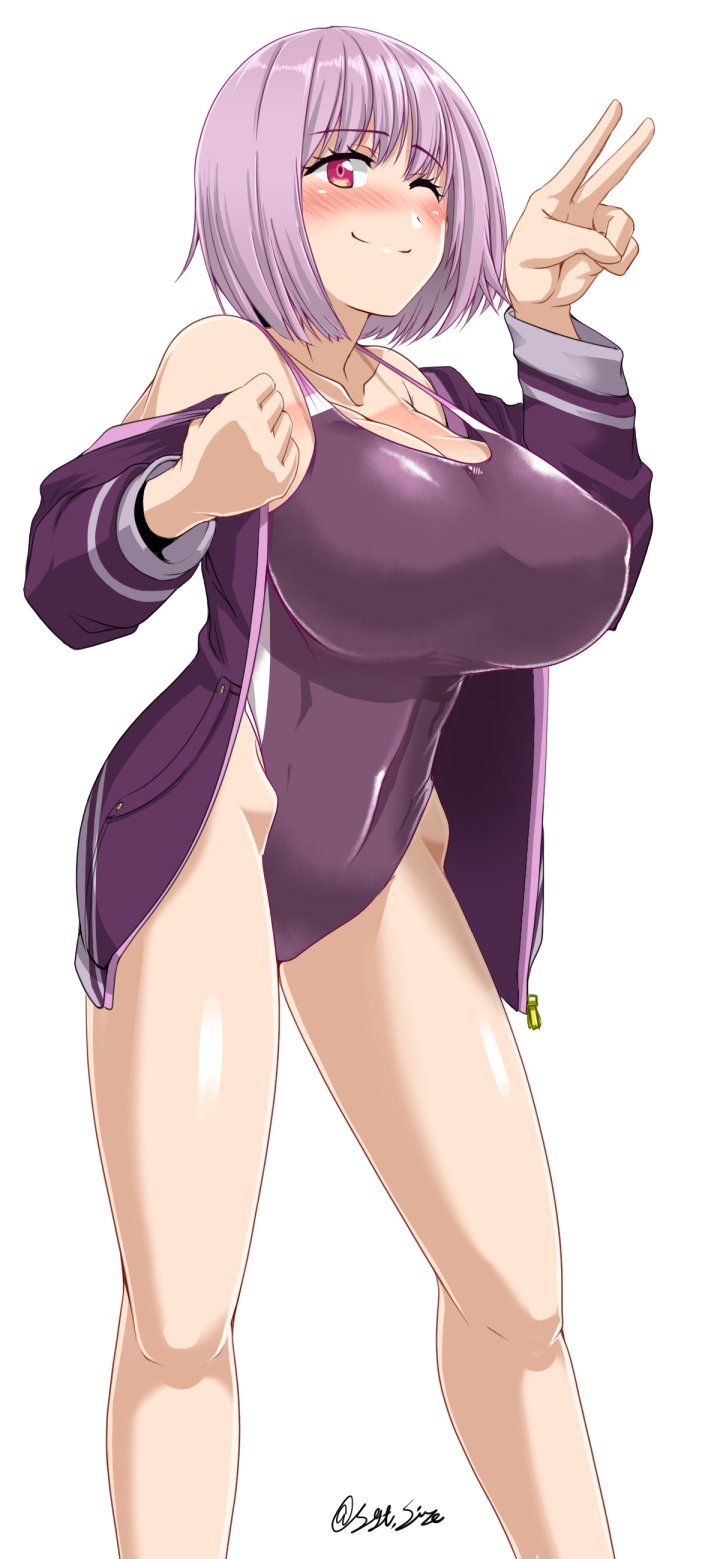 1girl breasts competition_swimsuit feet_out_of_frame full_body highres jacket large_breasts lavender_hair long_sleeves one-piece_swimsuit one_eye_closed purple_jacket purple_swimsuit red_eyes saizu_nitou_gunsou shinjou_akane short_hair simple_background smile solo ssss.gridman standing swimsuit twitter_username v white_background