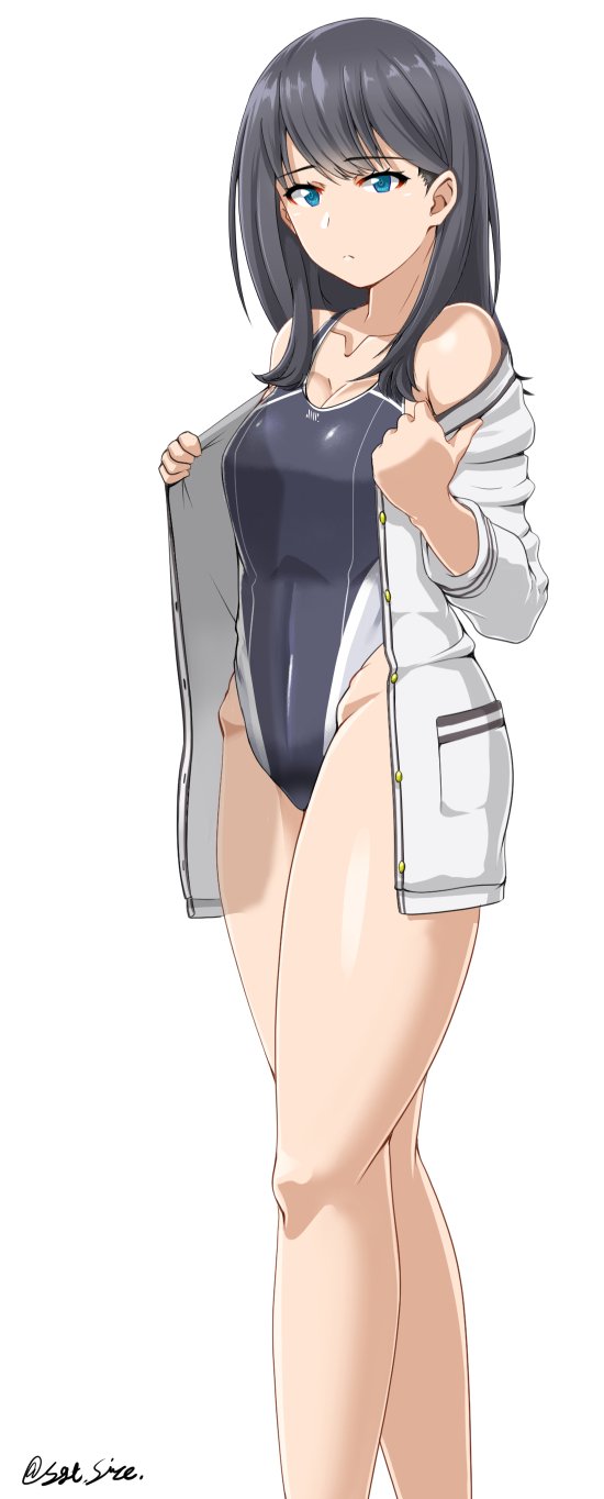 1girl black_hair black_swimsuit breasts cleavage competition_swimsuit feet_out_of_frame green_eyes highres long_hair medium_breasts one-piece_swimsuit saizu_nitou_gunsou simple_background solo ssss.gridman standing swimsuit takarada_rikka twitter_username white_background white_cardigan