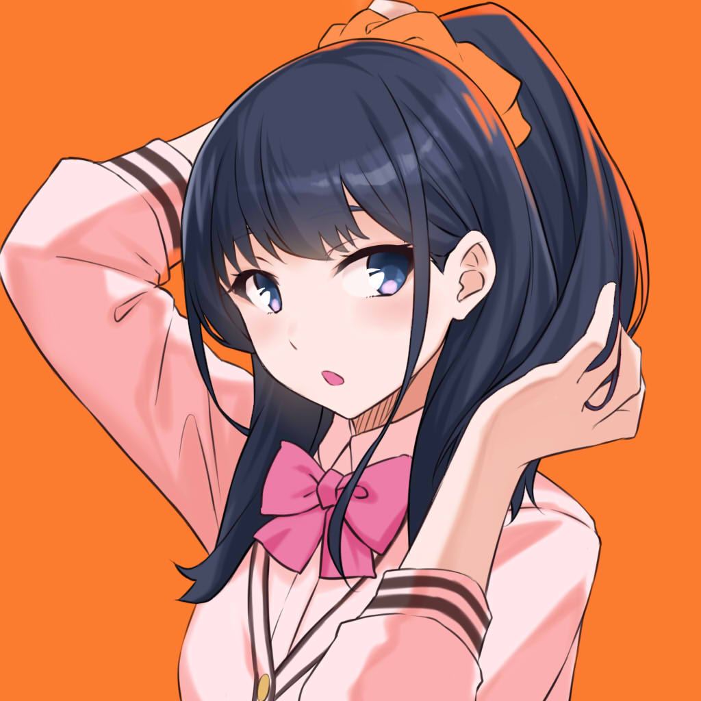 1girl :o arm_up bangs black_hair blue_eyes bow bowtie cccpo hair_ornament hair_scrunchie hand_up high_ponytail jacket long_hair looking_at_viewer open_mouth orange_background pink_bow pink_neckwear ponytail scrunchie simple_background sleeves_past_elbows solo ssss.gridman takarada_rikka upper_body white_jacket