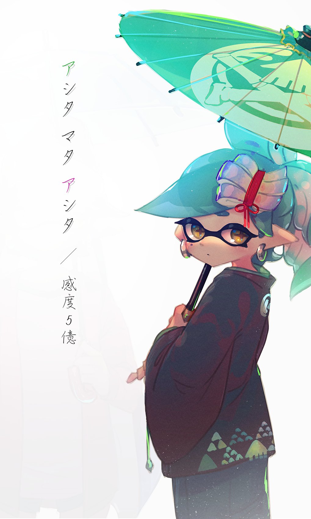 1girl commentary_request earrings from_behind highres hotaru_(splatoon) japanese_clothes jewelry kashu_(hizake) kimono looking_at_viewer looking_back mole mole_under_eye nintendo pointy_ears reflection simple_background solo splatoon tentacle_hair white_background yellow_eyes